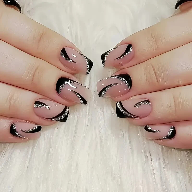 24pcs Short Square Glitter Gradient Press-On Nails Set – Glossy Finish, Black