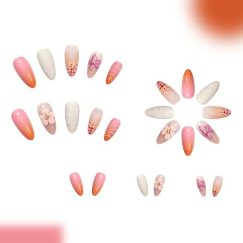 Summer Press on Nails Almond – Medium French Tip Fake Nails 3D Flower Style-17