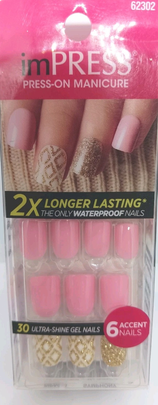 Kiss impress No Glue Mani 1- 30 Nails symphony short length new pink gold glitte