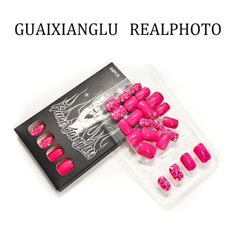 Valentines Day Press On Nail 24Pieces Short Square Fake Nail Pink Color