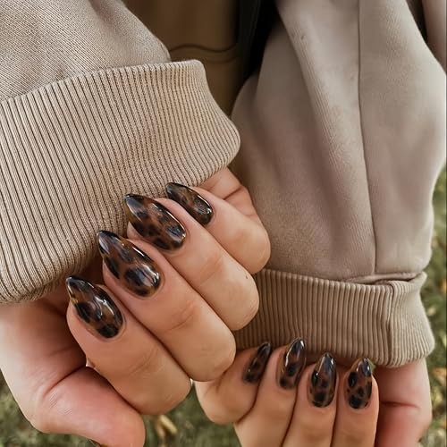 Brown Press On Nails Almond Medium, Amber Leopard Print Nails almond-brown B