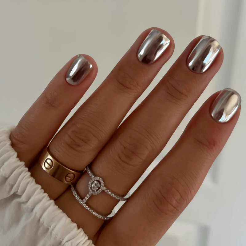 48Pcs-Short Square Silver Mirror Chrome Full Cover Press on Nails