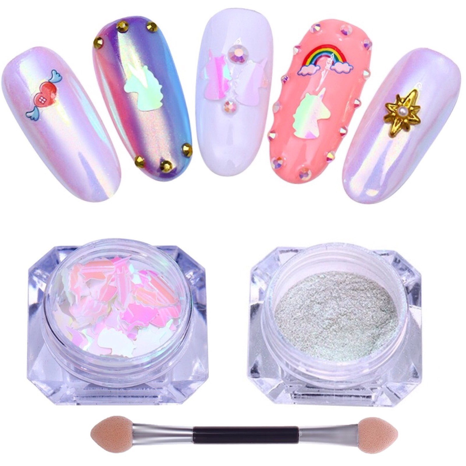 3pcs Aurora Powder and Unicorn Sequins AB Colour Nail Art Glitter Decoration Set