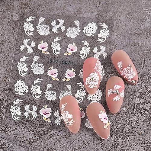 5D Spring Embossed Flower Nail Art Stickers 4 Sheets Real Self-Adhesive