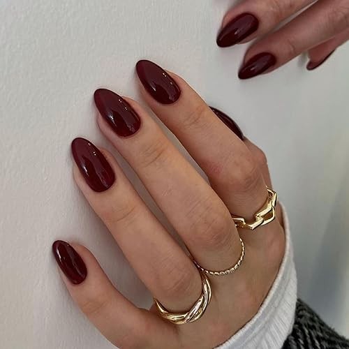 Burgundy Wine Red Press on Nails Short Almond Fake Nails glossy burgundy red