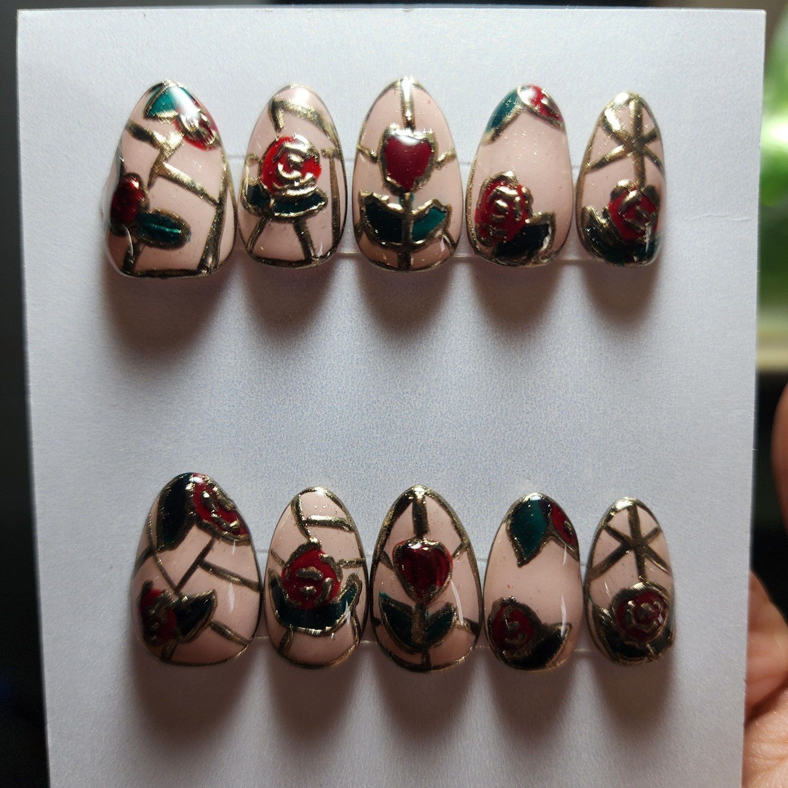 Handmade Medium Size Extra Short Stained Glass Press On Nails Roses And Chrome