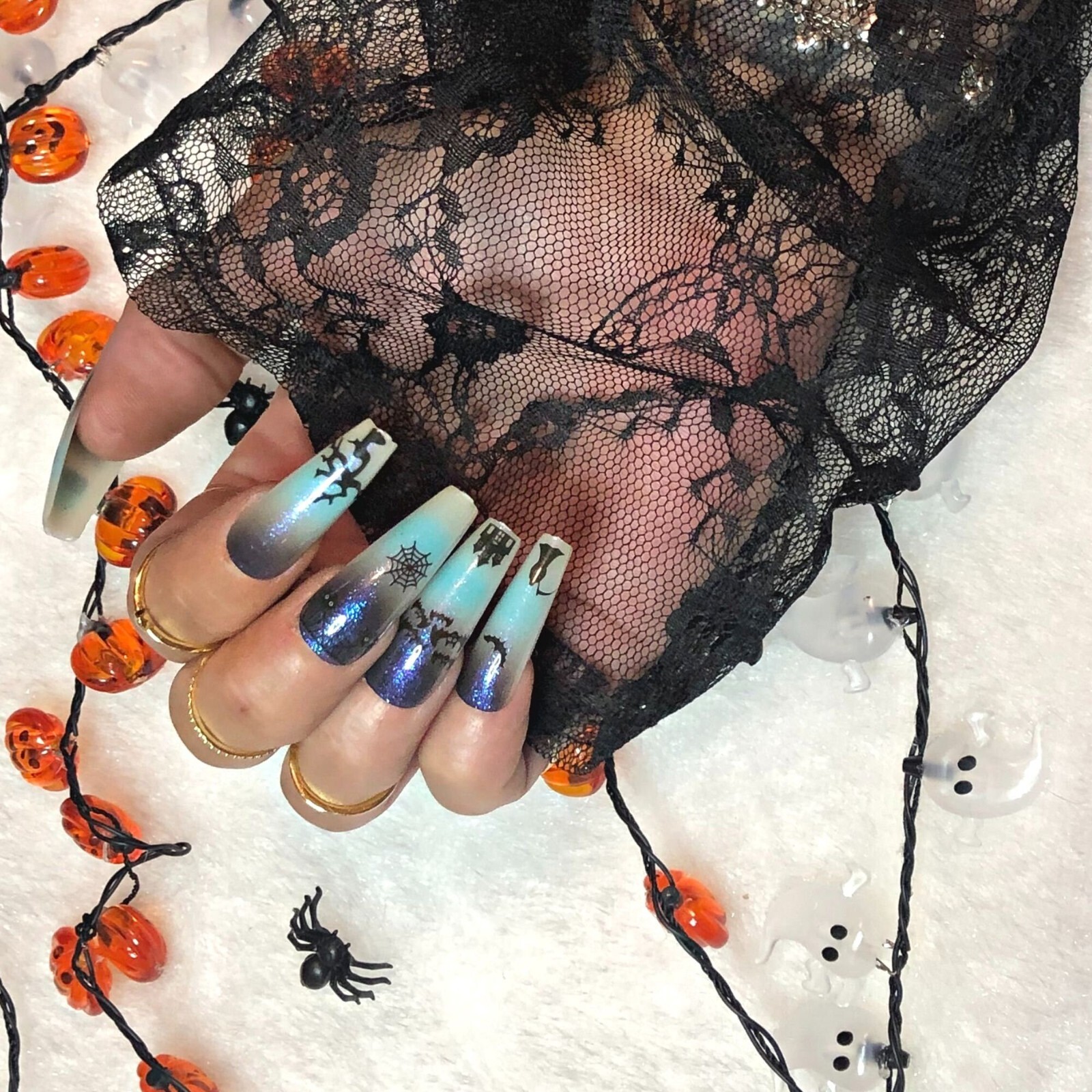 Blue Ombre Halloween nails- Press on nail set- Size 0-8, Ex-long Ballerina