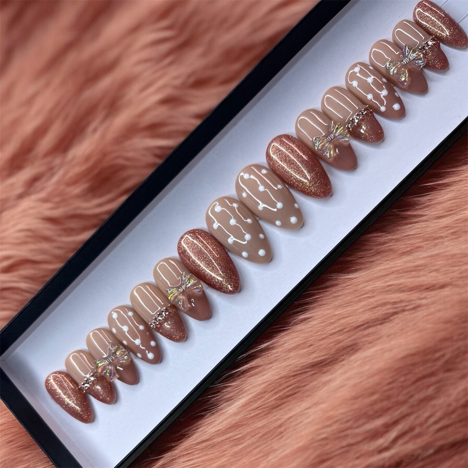 Handmade Caramel Confetti Press-On Nail Set Prep Kit Included