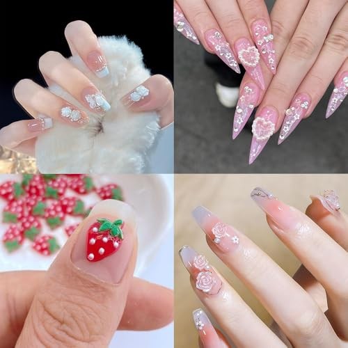 100pcs 3D Pink Red Strawberry Flower Nail Charms Camellia Rose Cherry