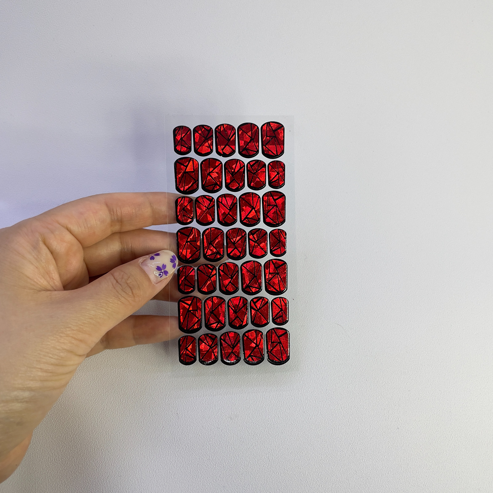 Red Holographic Nail Wraps Full Cover DIY Glass Manicure Strips Korea Beauty