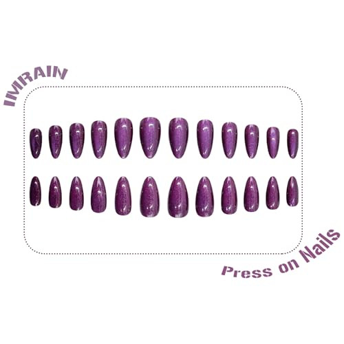 Purple Press on Nails Medium Almond Fake Nails Cat Eye R-06Purple Cat Eye