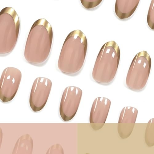 Short Press On Nails – Almond Fake Nails – Gold French Tip – False – Design 4