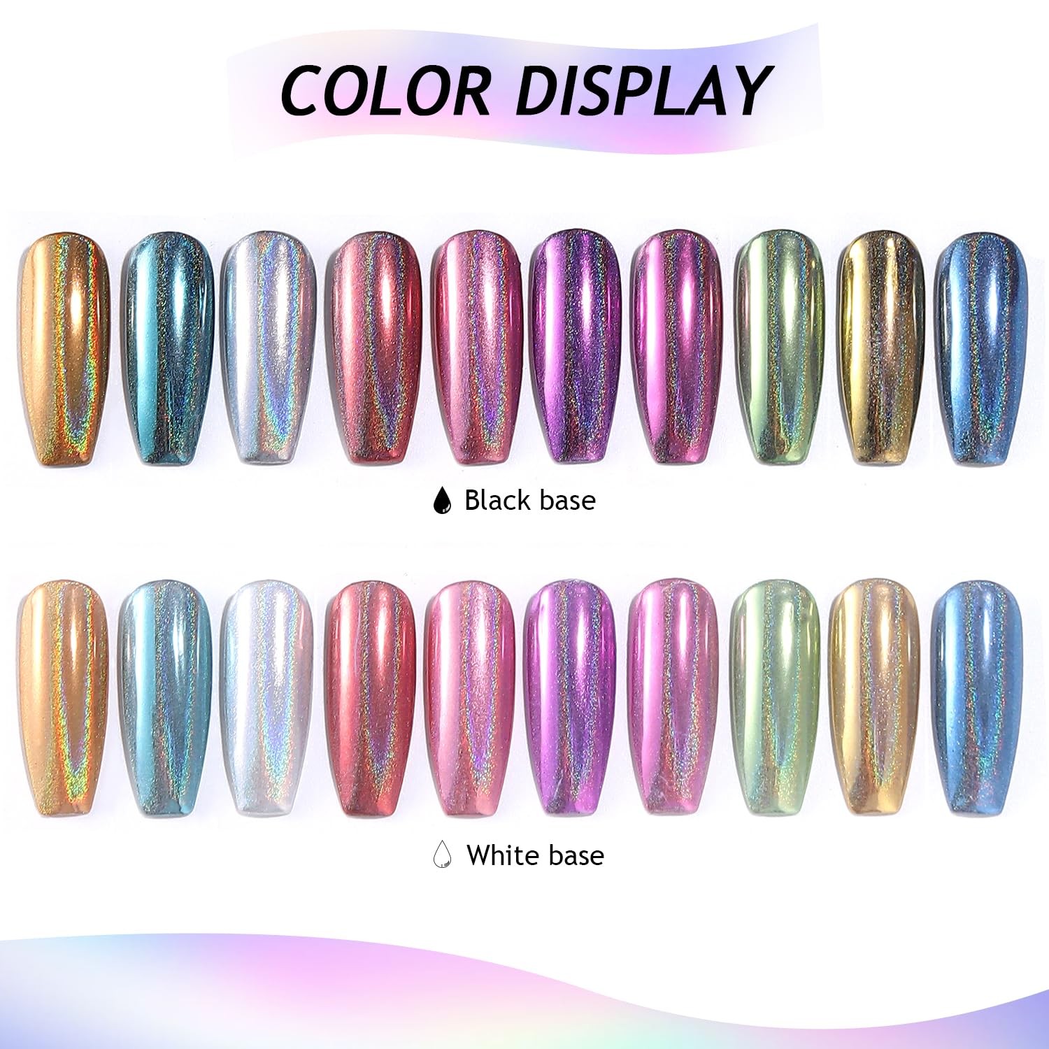 Furtherpretty Holographic Chrome Nail Powder, 10 Colors Metallic Mirror Effec…