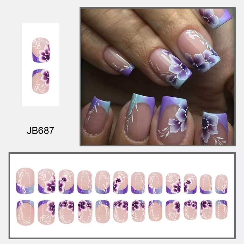 French Tips Press on Nails Purple Flower Fake Nails with Ombre Design Glossy Glu