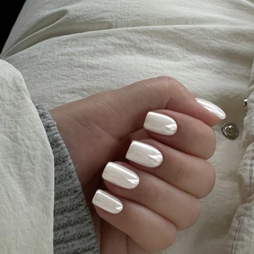 White Glazed Donut Press on Nails Short Square, Milky solid color square white