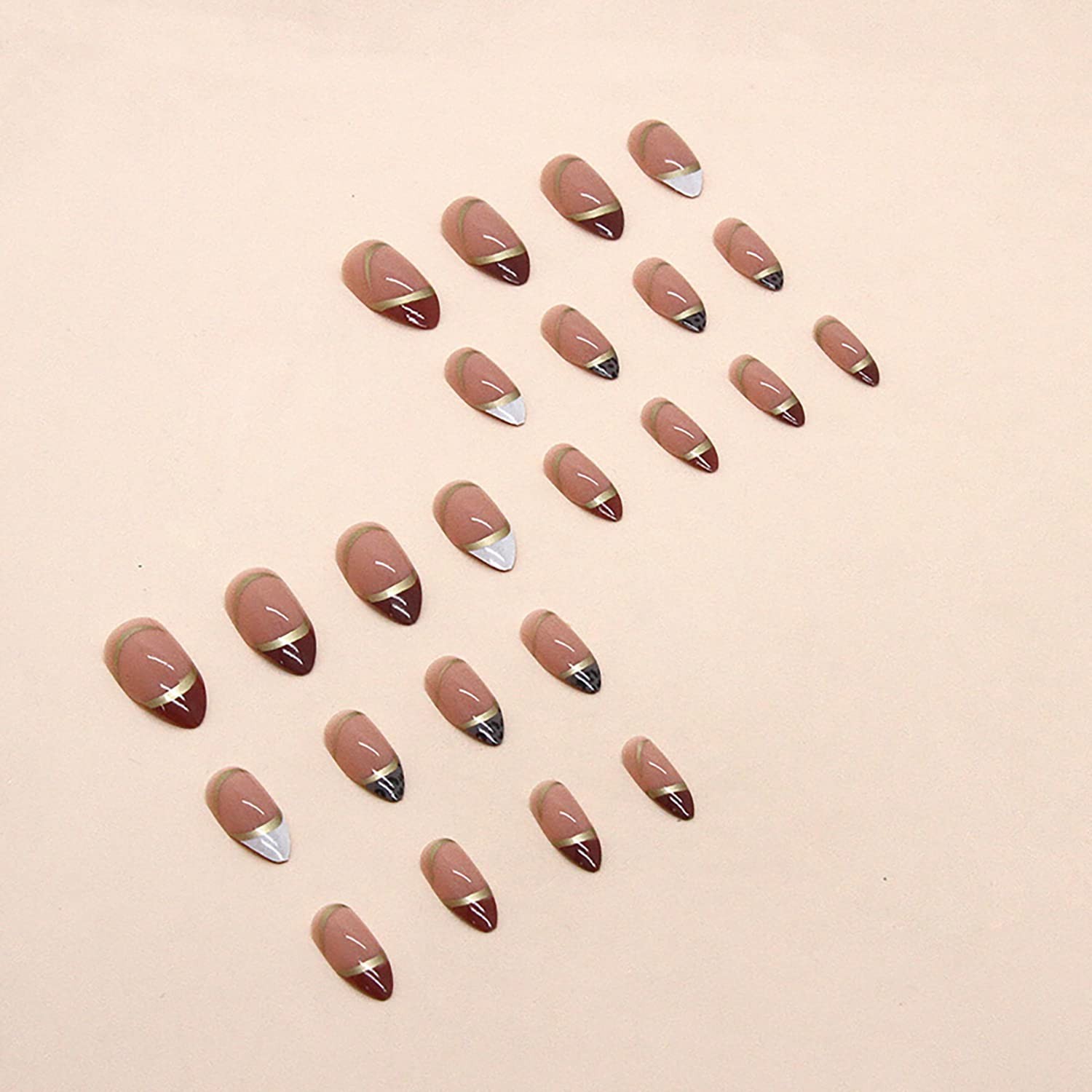 Press on Nails Pointed Medium Length, 24 Pcs Natural Glossy Full Cover Reusab…