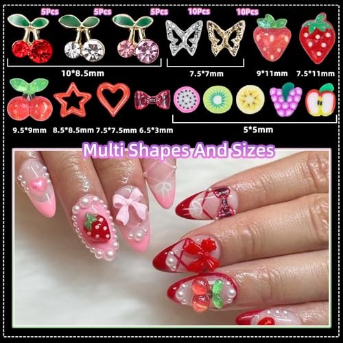 Fruit Cherry Butterfly Nail Charms Gems, Gold Silver Cherries Butterflies