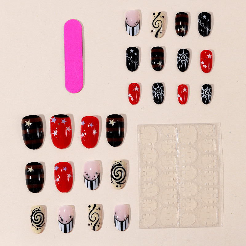 48 Pcs Swirl Star Stripe Oval Nails, Retro Unique Trendy Fake Press on Nails