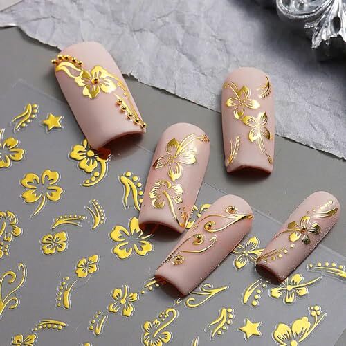 Flower Nail Stickers, Hibiscus Nail Decals 3D Self-Adhesive White Pink Gold