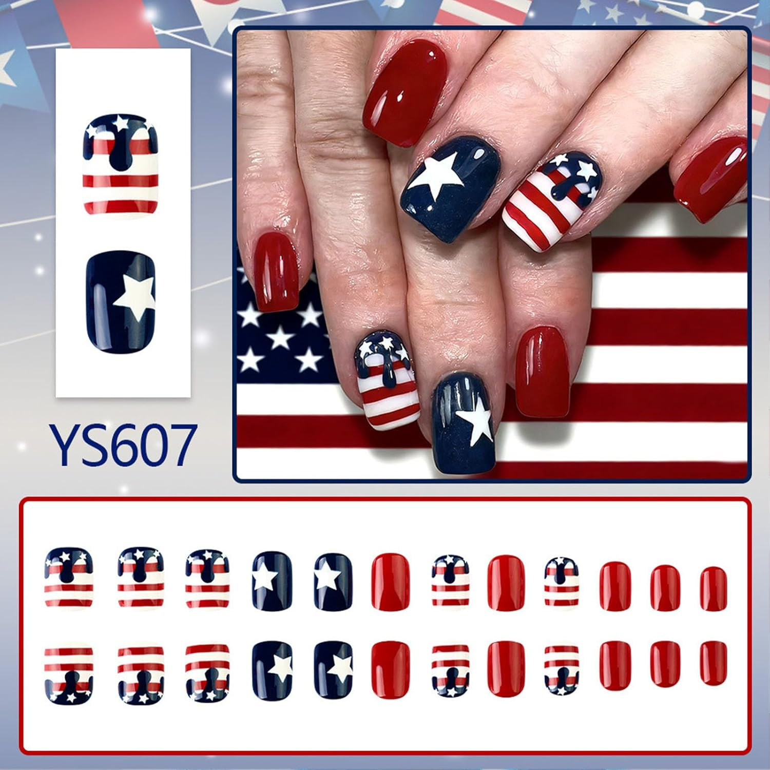 4Th of July Press on Nails Short Square Fourth of July Fake Nails with Stars