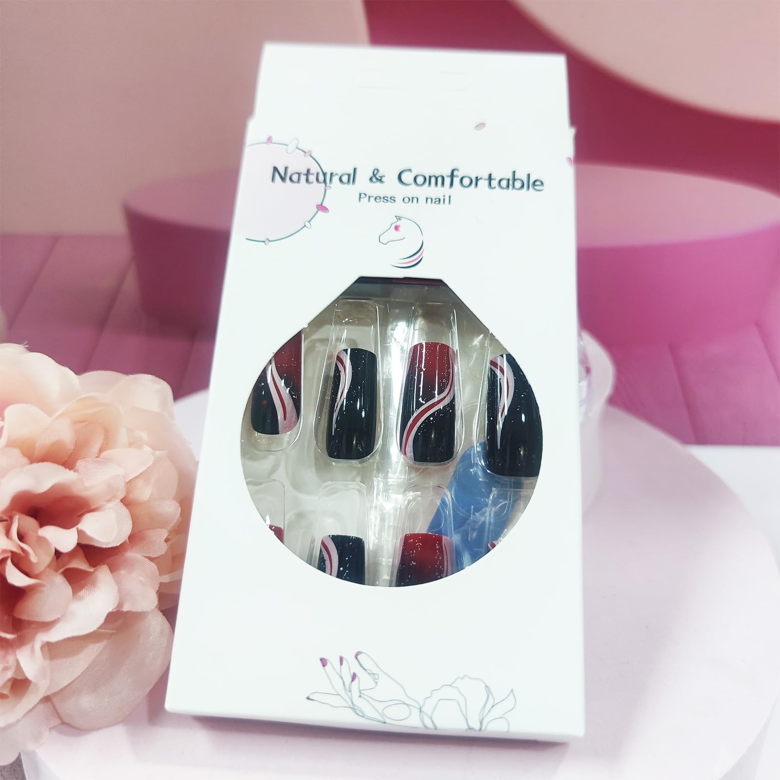 Red Curve Press on Nails 24Pcs Glossy Silver Glitter Stick on Nail Black Grad…