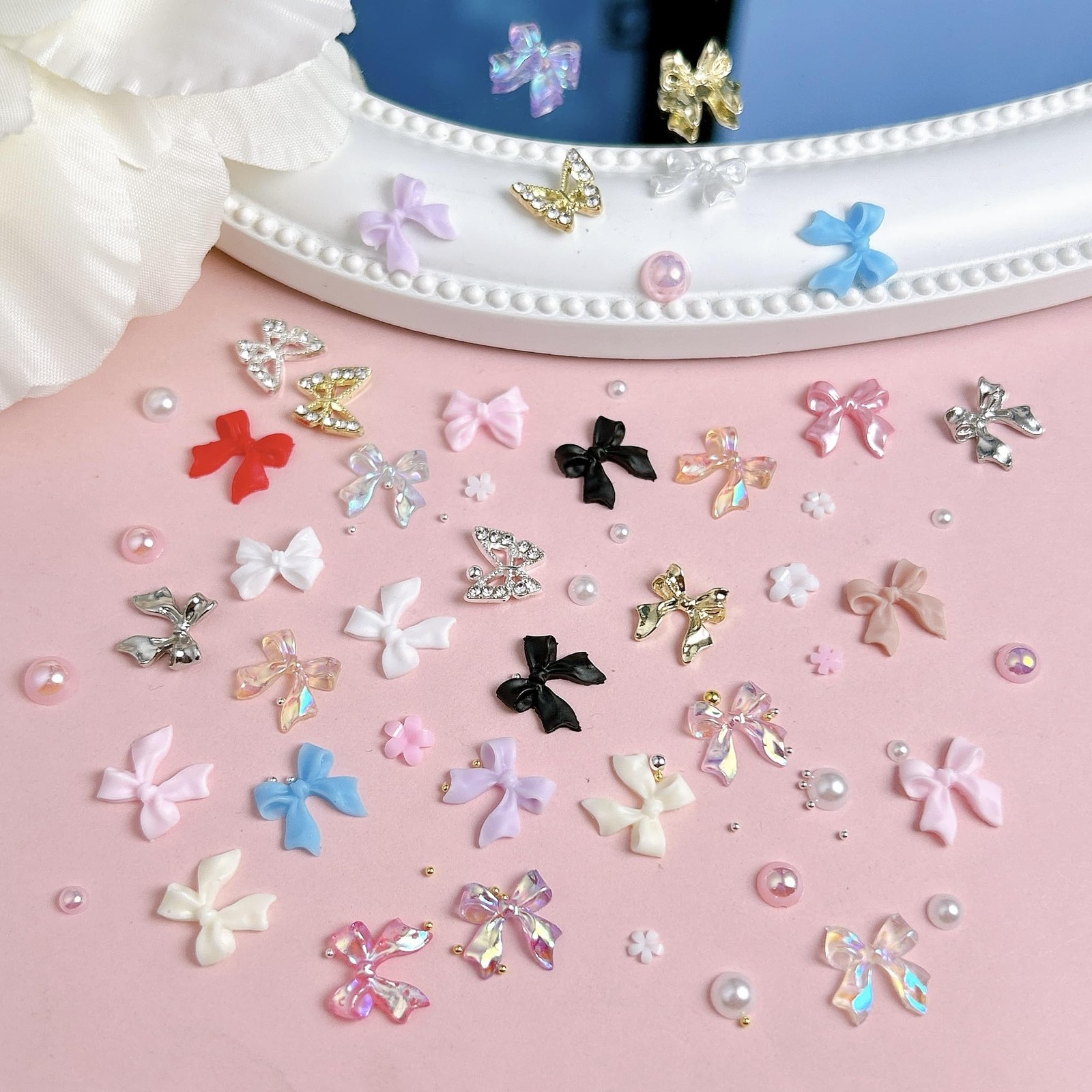 Bow Nail Charms and Gems Kit, 3D Color Kawaii Bow Nail Art Charms Gold Hollow…