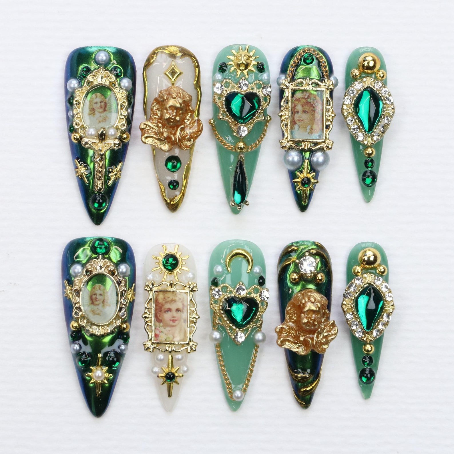 Handmade Vintage Angel Portrait Emerald Rhinestone Pearl Stiletto Press on Nails