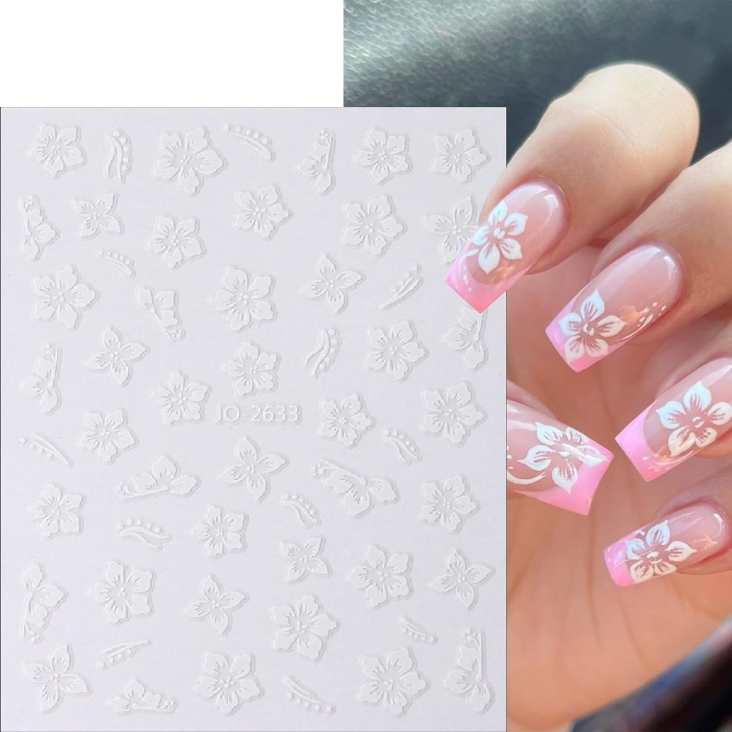 8Sheets Color Flower Nail Stickers 3D Hollow Out Hibiscus Nail colored flowers