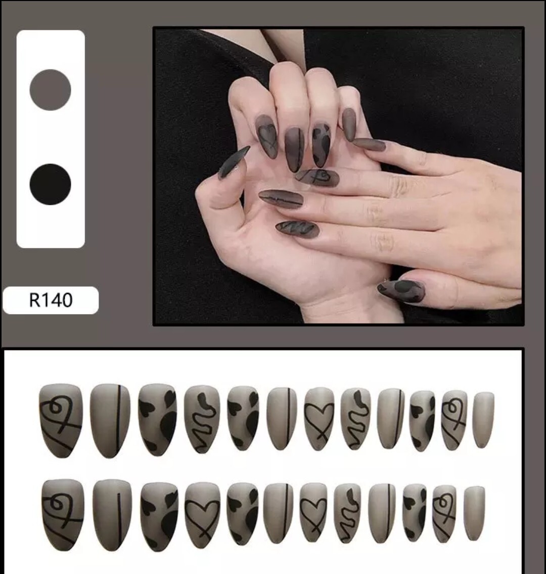 24 Goth Frosted Glass matte Black Press On nails medium almond stiletto pointed