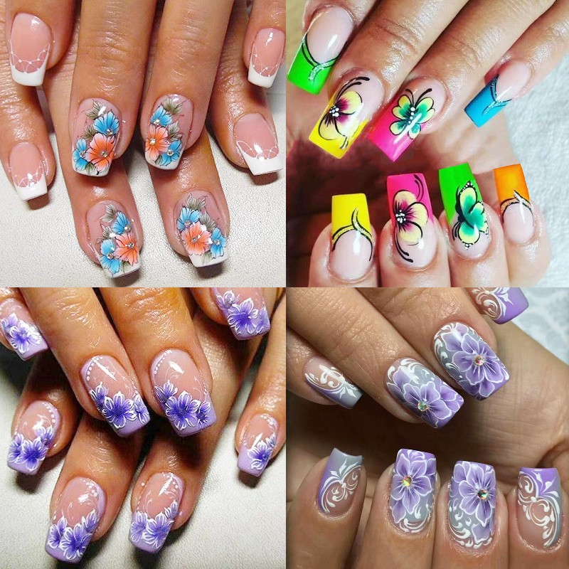 96pcs(4Pack) Trend Elegant Purple Floral Press On Nails Art for Wedding Party