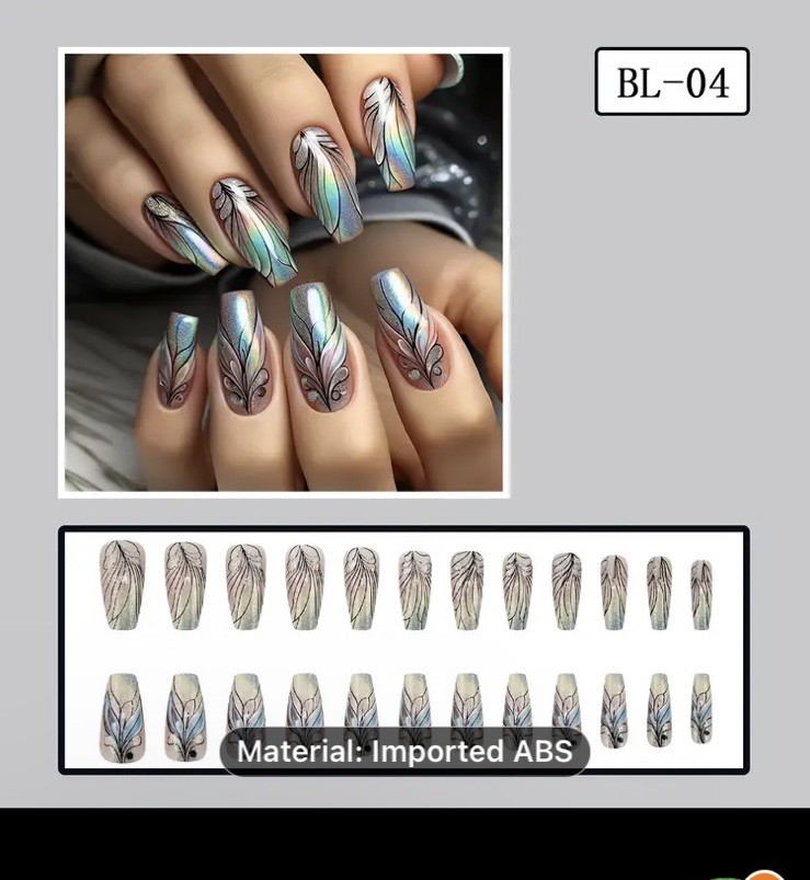 Peacock Feather Long Coffin Nail Tips 24pcs Feminine Boxed Nails GLUE & Tabs
