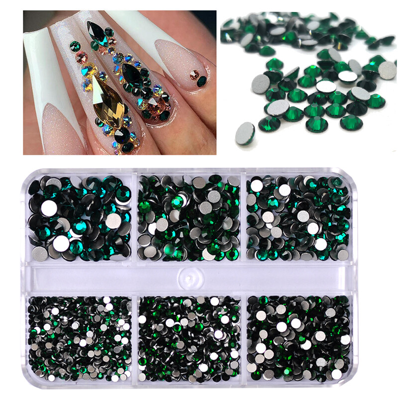 No Hotfix Nail Art Rhinestones 6 Grids SS4-SS16 Flat Back Crystal With tools