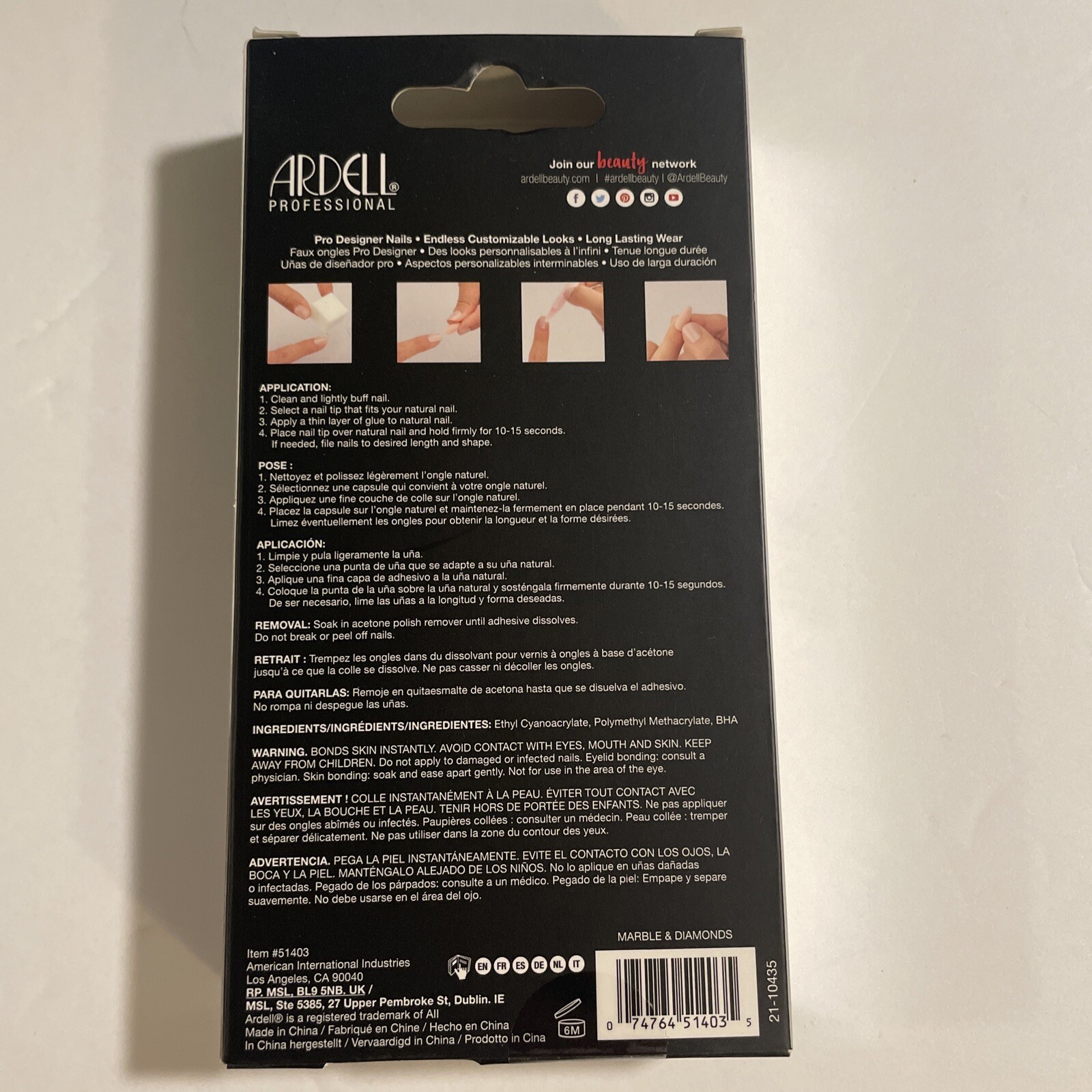 ARDELL Nail Addict Premium 28 Nails Black Diamond Black Stud Marble Chrome New