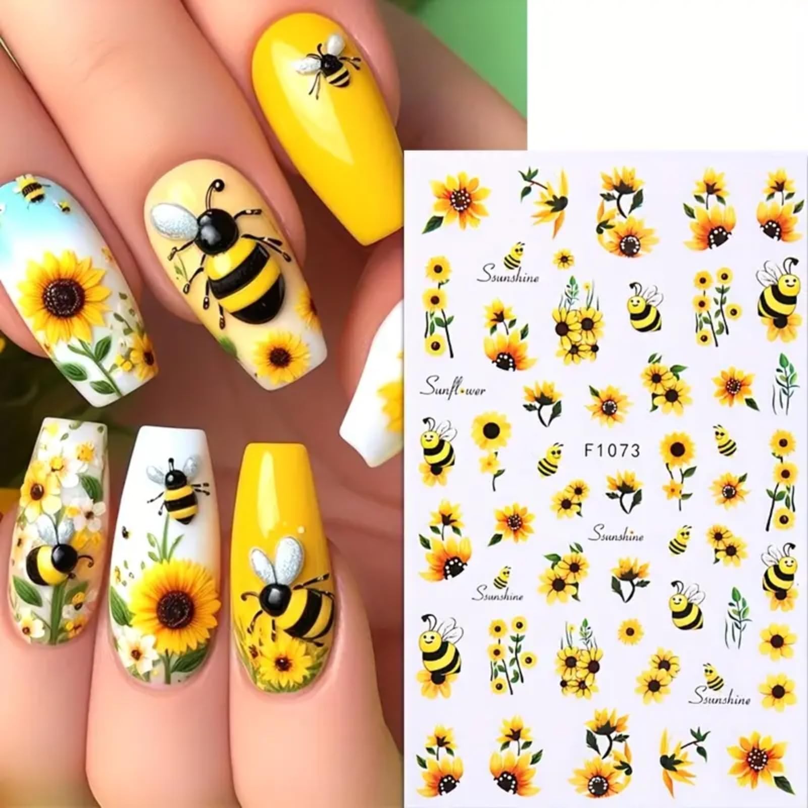 6 Sheets 3D Nail Art Stickers Bee Sunflower Flower Leaves Decals Women