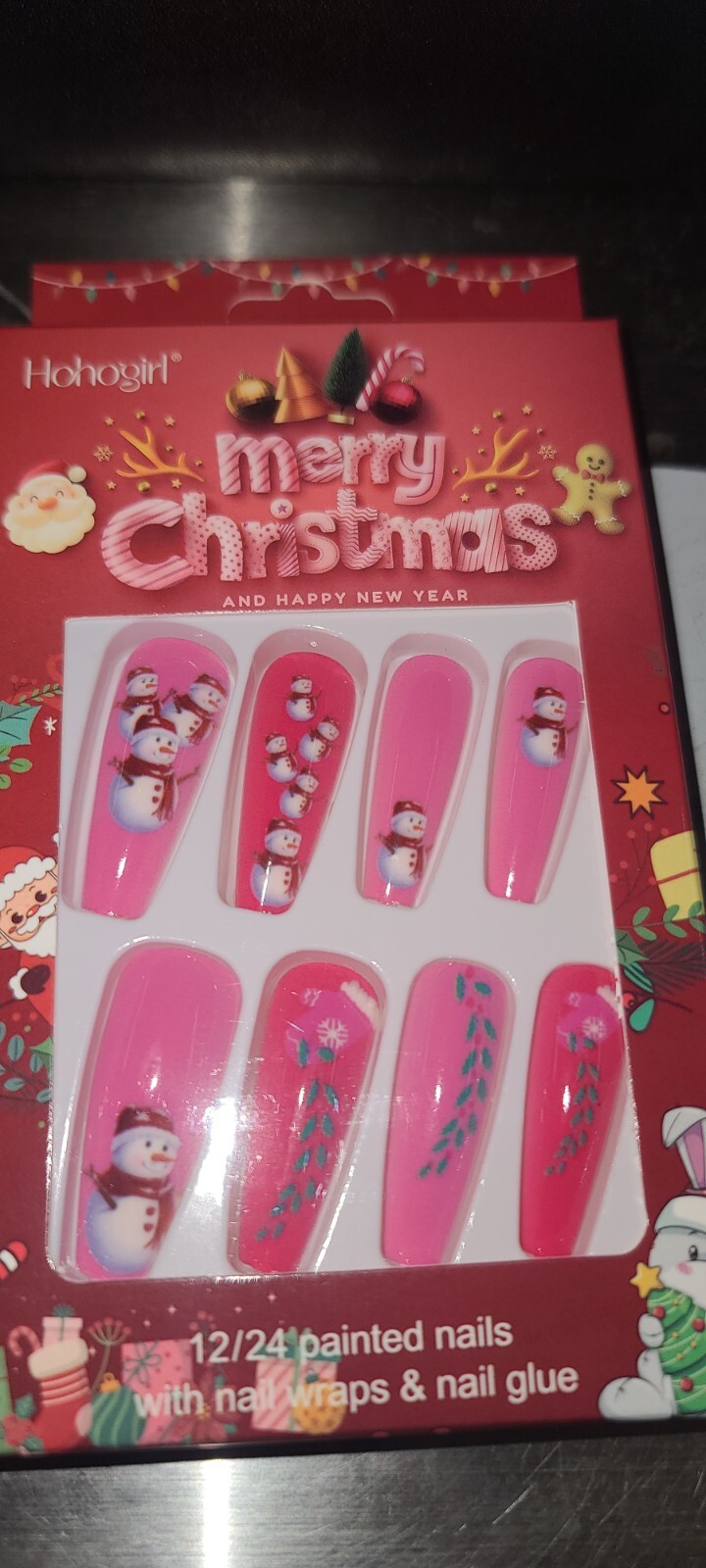 Christmas Press on Nails Medium Coffin Fake Nails with Christmas Tree Design Gli