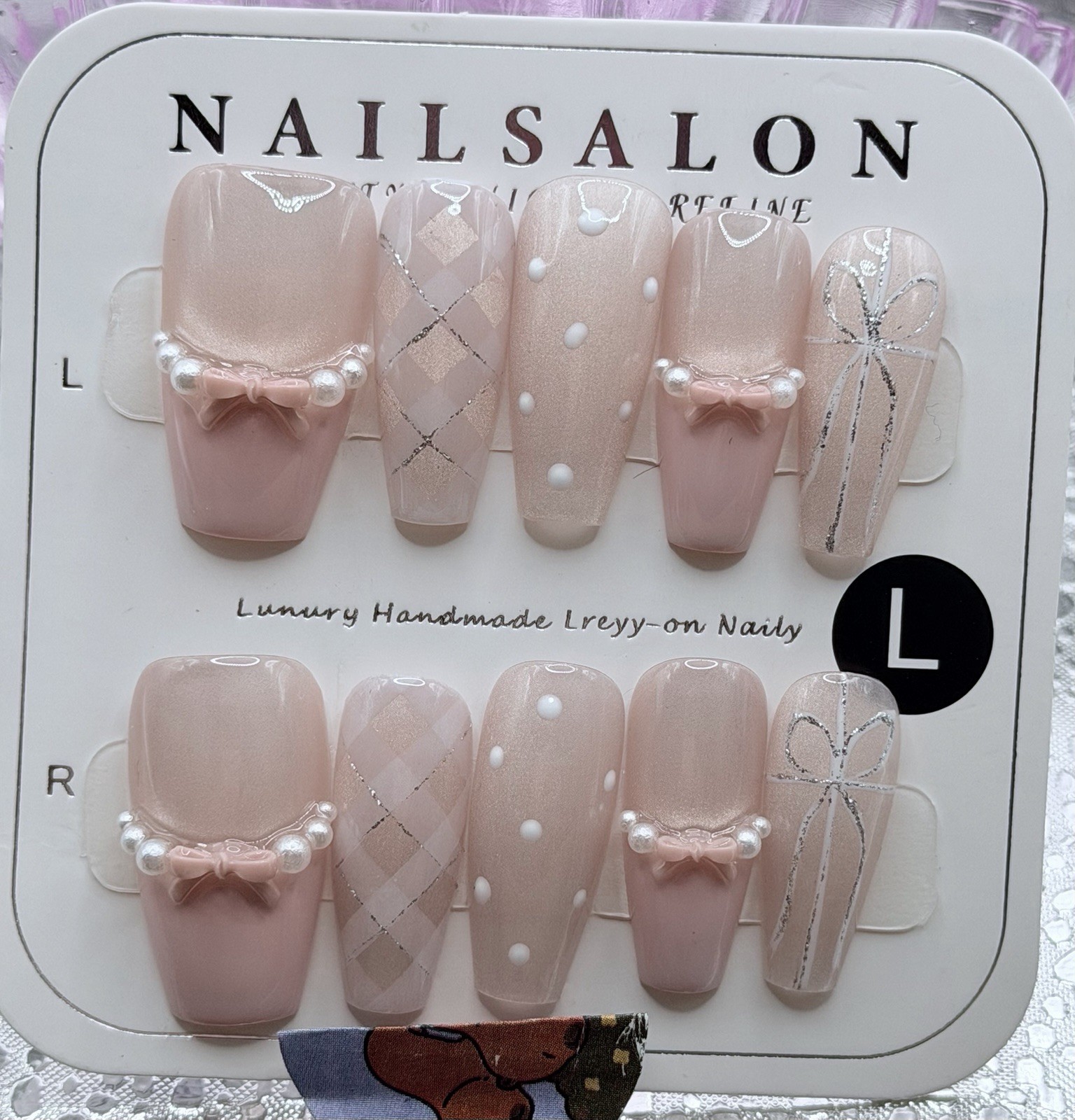 10 Pcs Handmade Medium Coffin Pink Ballerina Nails Plaid 3D Bows Polka Dots Glit