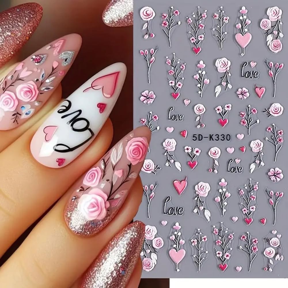 Purple Flower Nail Stickers 5D Embossed Branch Flowers Leaf Art A1
