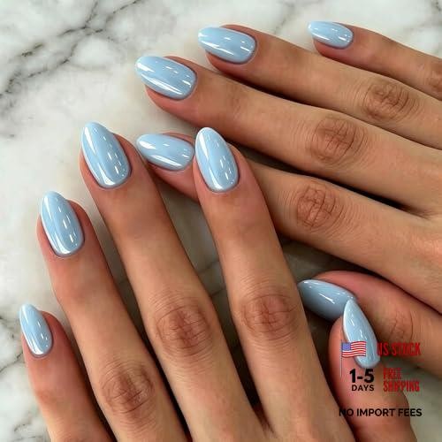 Pastel Blue Chrome Press On Nails – Shiny Extra Short – Almond Baby Blue