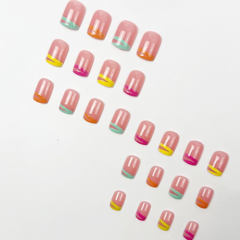 48pcs-Vibrant Matte Press on Nails with Neon French Tips and Modern Line Art