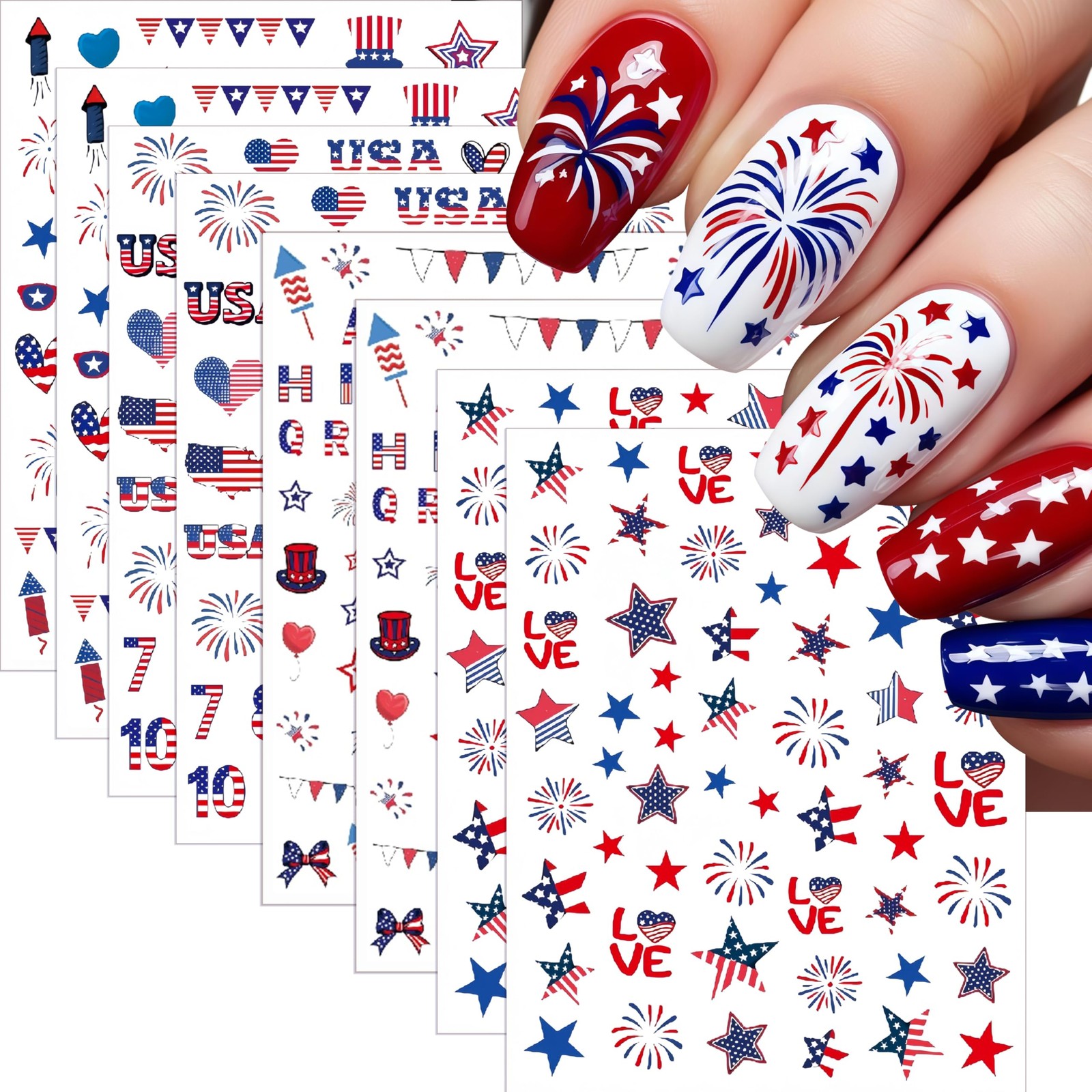8 Sheets 4th of July Nail Stickers for Art About 3.7 x 3 inch, Colorful