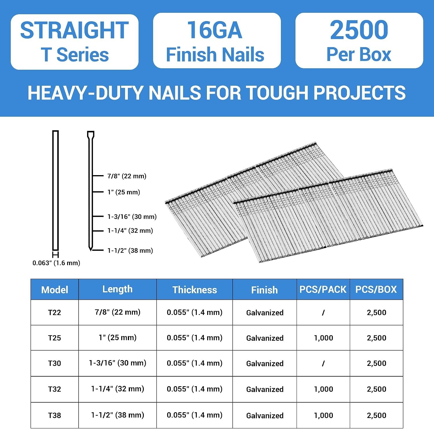 Durable 16 Gauge Galvanized Finish Nails 1-1/2 Inch – 2500 PCS for Nailer Guns