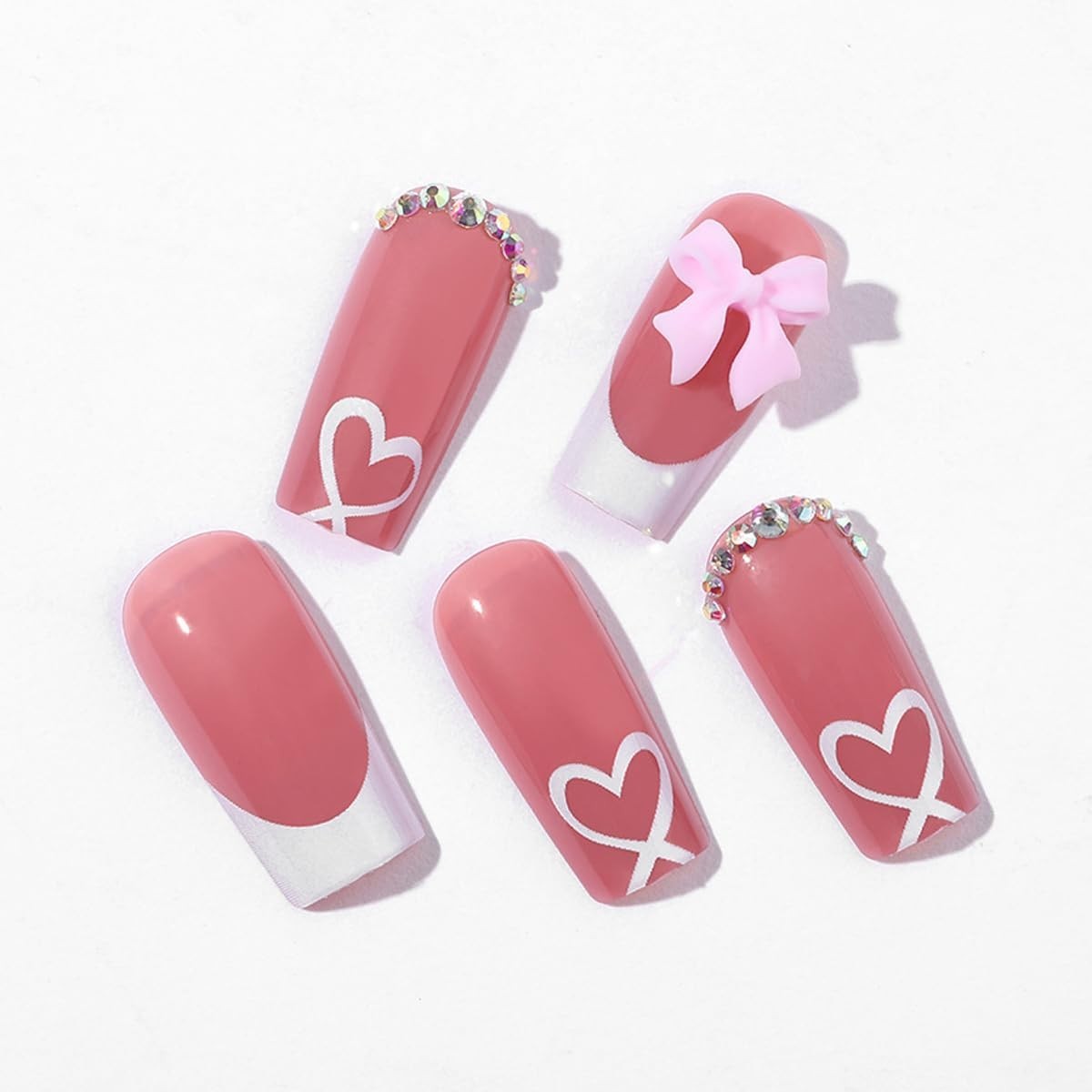 French Tip Press on Nails with Charms, Medium, Cute Bow, Long Square Shape, A…