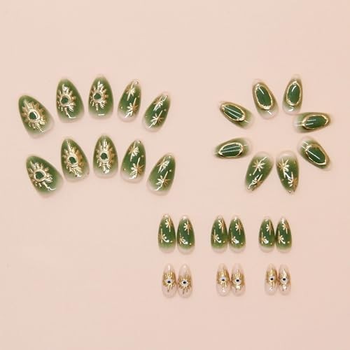 Almond Press on Nails Medium Fake Nails Green Gradient Glue on Nails 4003Green