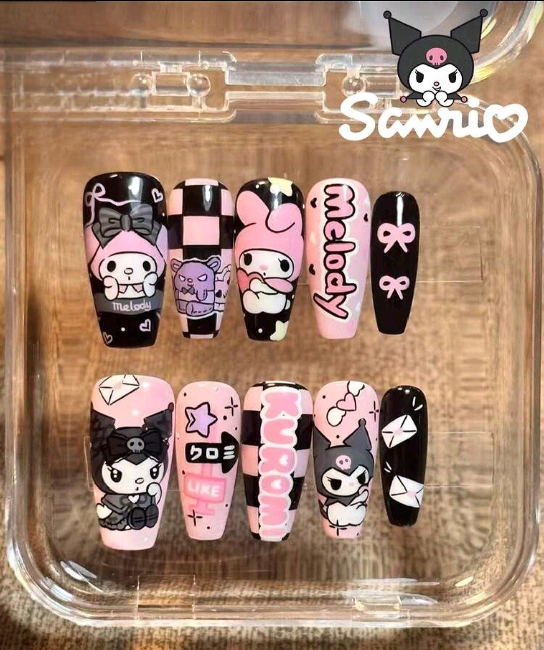 Press-On Nails SANRIO Black, Pink, & Lavender Kuromi & Melody Coffin Long Shiny