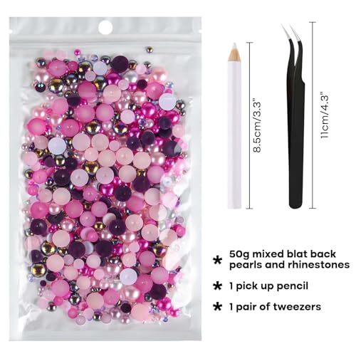 50g Mix Flatback Rhinestones Half Pearls for Crafts Mixed Size Rose Red Series