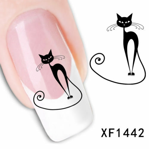 Nail Art Water Transfer Sticker Decal Stickers Pretty Flowers Cat Black XF1442
