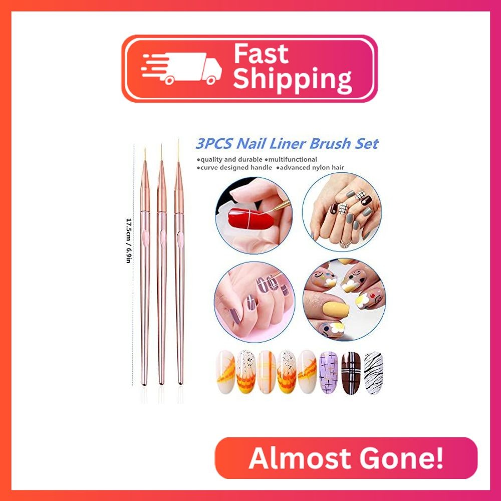 FULINJOY 3 Pcs Rose Gold Nail Art Liner Brushes Set, UV Gel Acrylic Application