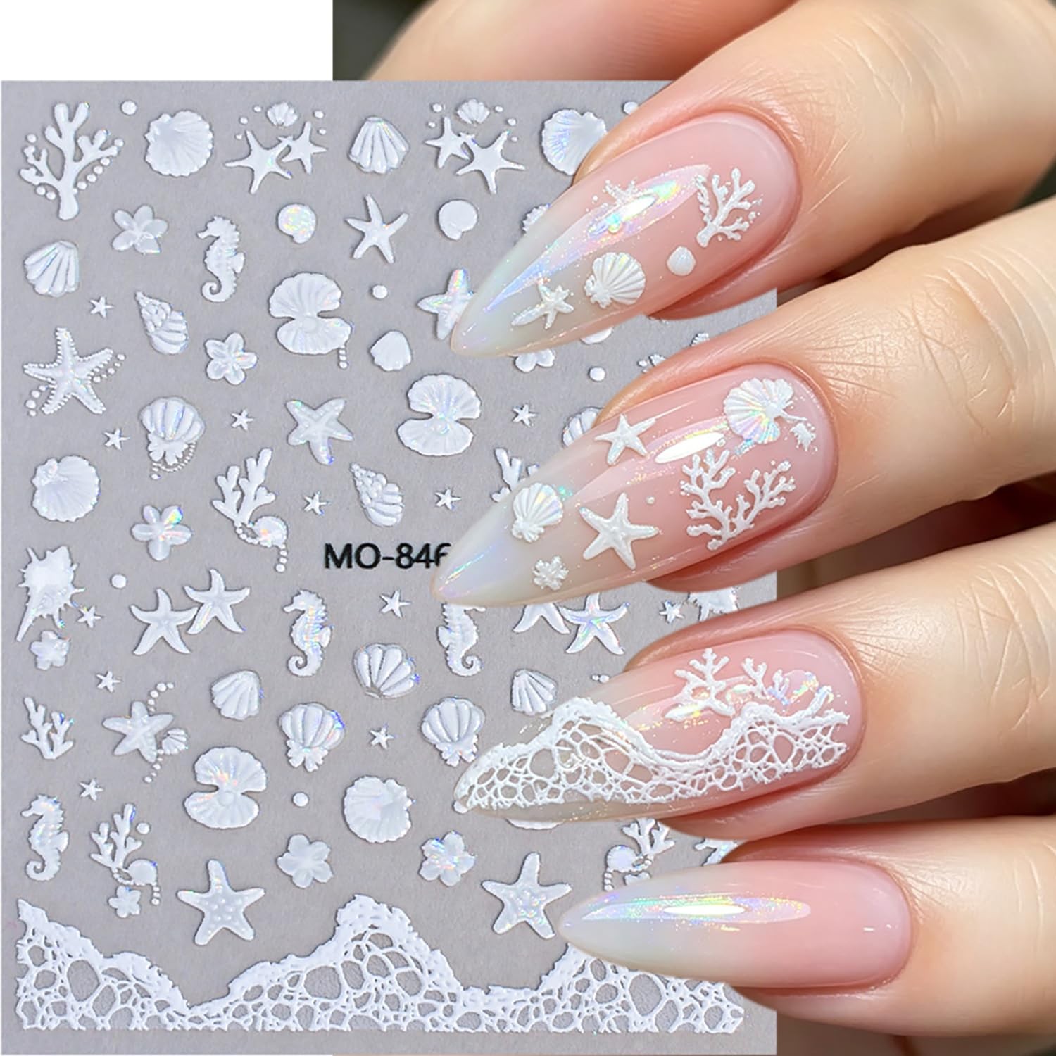 Holographic Ocean Nail Art Stickers – 6 Sheets Self-Adhesive Sea Star Shell C…