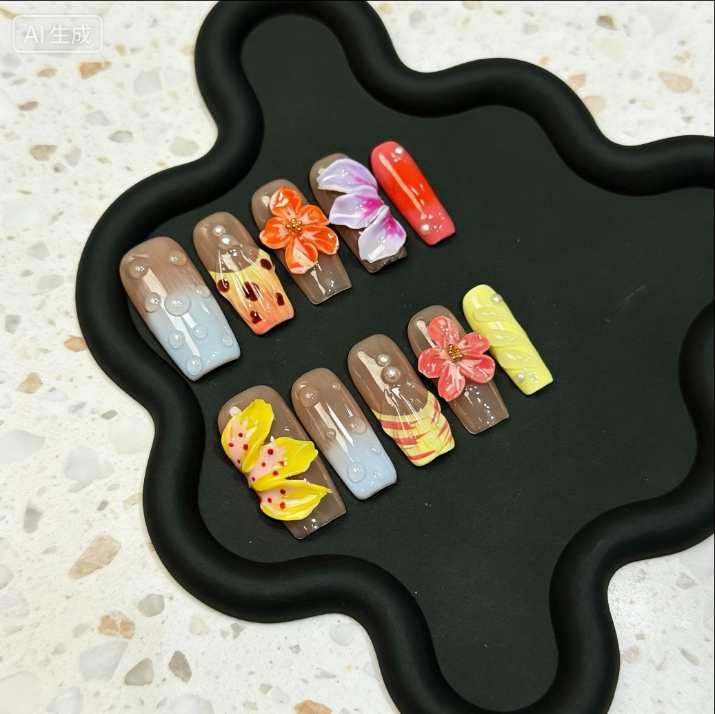 Summer Bloom 3D Flower Press On Nails, Medium, Handmade, Multicolored Acrylic