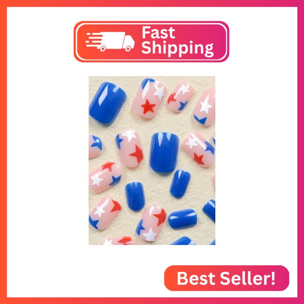 4th of july Extra Short Fake Nails Blue Square Press on Nails with Red White Sta